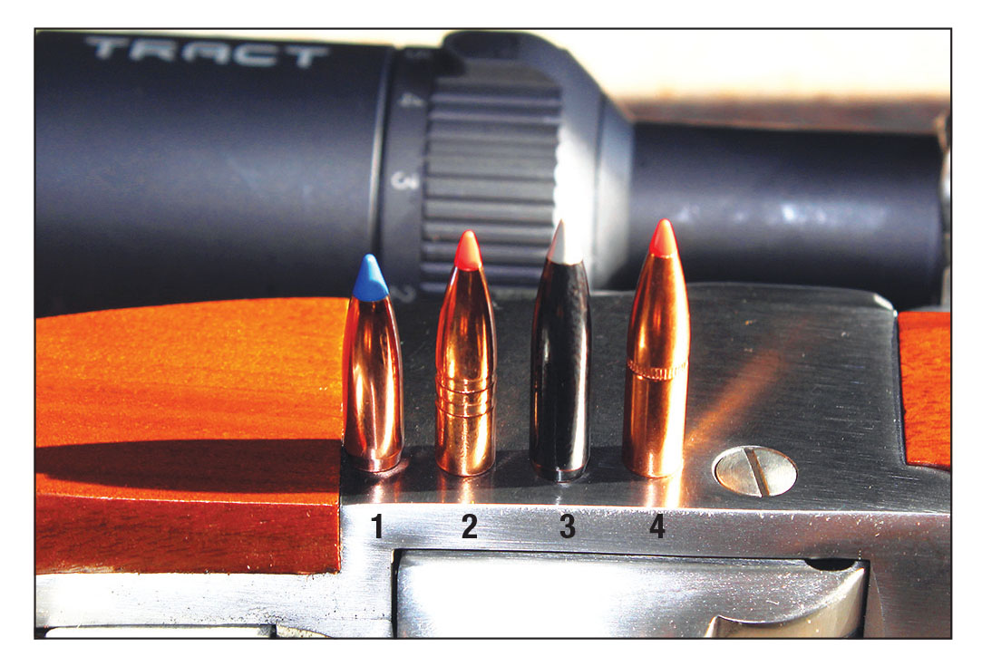 Bullets used for sample handloads included: (1) Nosler 85-grain Ballistic Tip Varmint, (2) Hornady 90-grain GMX, (3) Nosler 115-grain Ballistic Silvertip and (4) Hornady 117-grain SST.